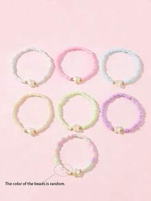 7pcs/Set Star & Heart Pendant Colorful Seed Bead Elastic Bracelets, Multi-Layer Stackable Jewelry For Girls Party - Multicolor - View 5