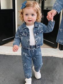 Baby Girl 2pcs Set Fashionable Retro Bow Pattern Print Long Sleeve Cropped Denim Jacket And Elastic Waist Print Long Pants, Comfortable Outfit For Autumn - Blue - View 1