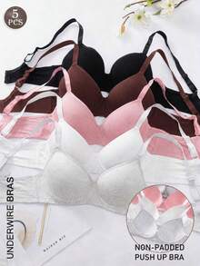 5pcs Solid Color Underwire Bra, Sexy Comfortable Push-Up Bra, No Padding, Adjustable Shoulder Straps - Multicolor - View 2