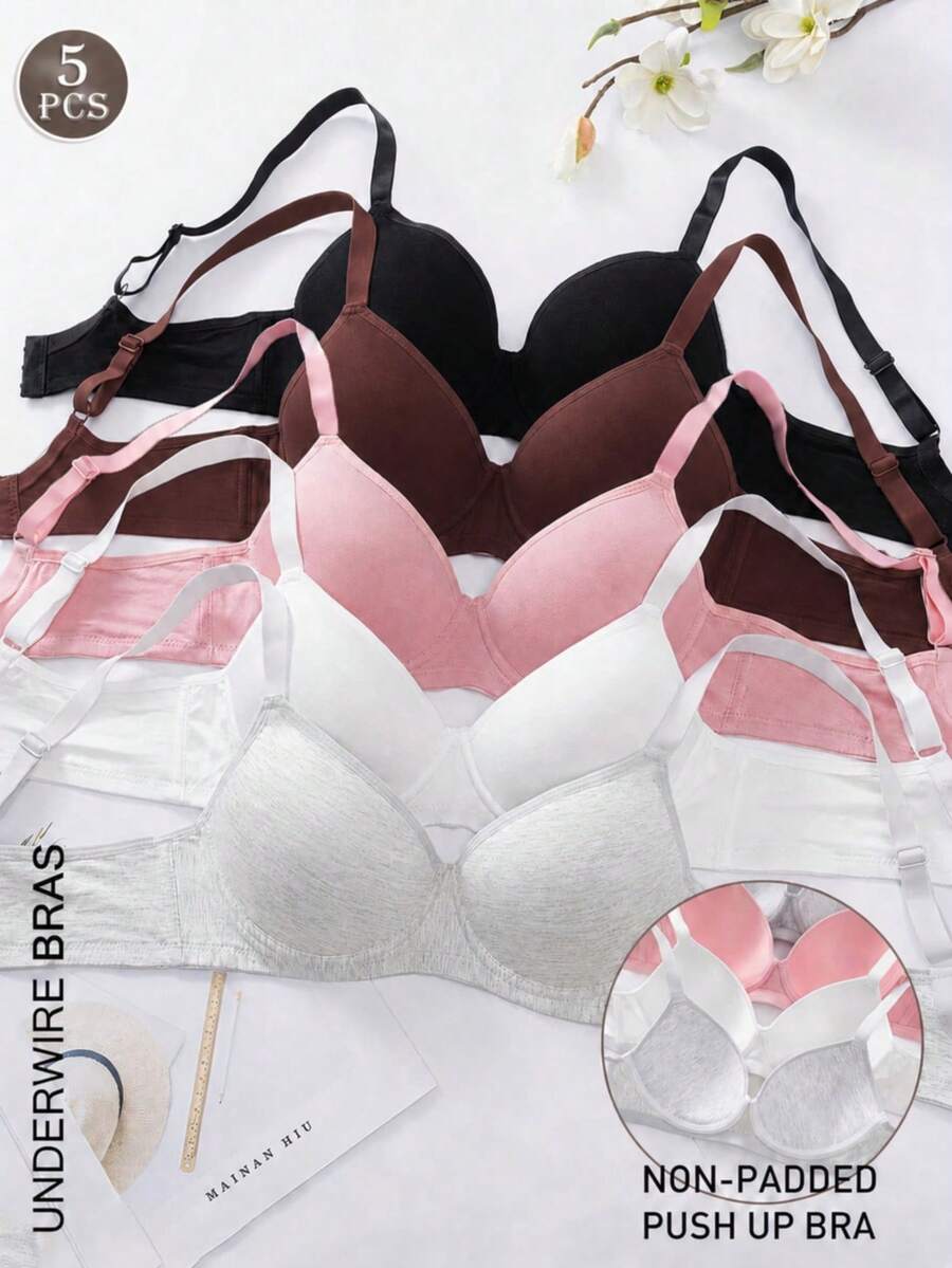 5pcs Solid Color Underwire Bra, Sexy Comfortable Push-Up Bra, No Padding, Adjustable Shoulder Straps