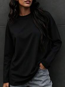 Women's Solid Color Crew Neck Long Sleeve T-Shirt, Casual Autumn Regular Fit Top - Black - View 2