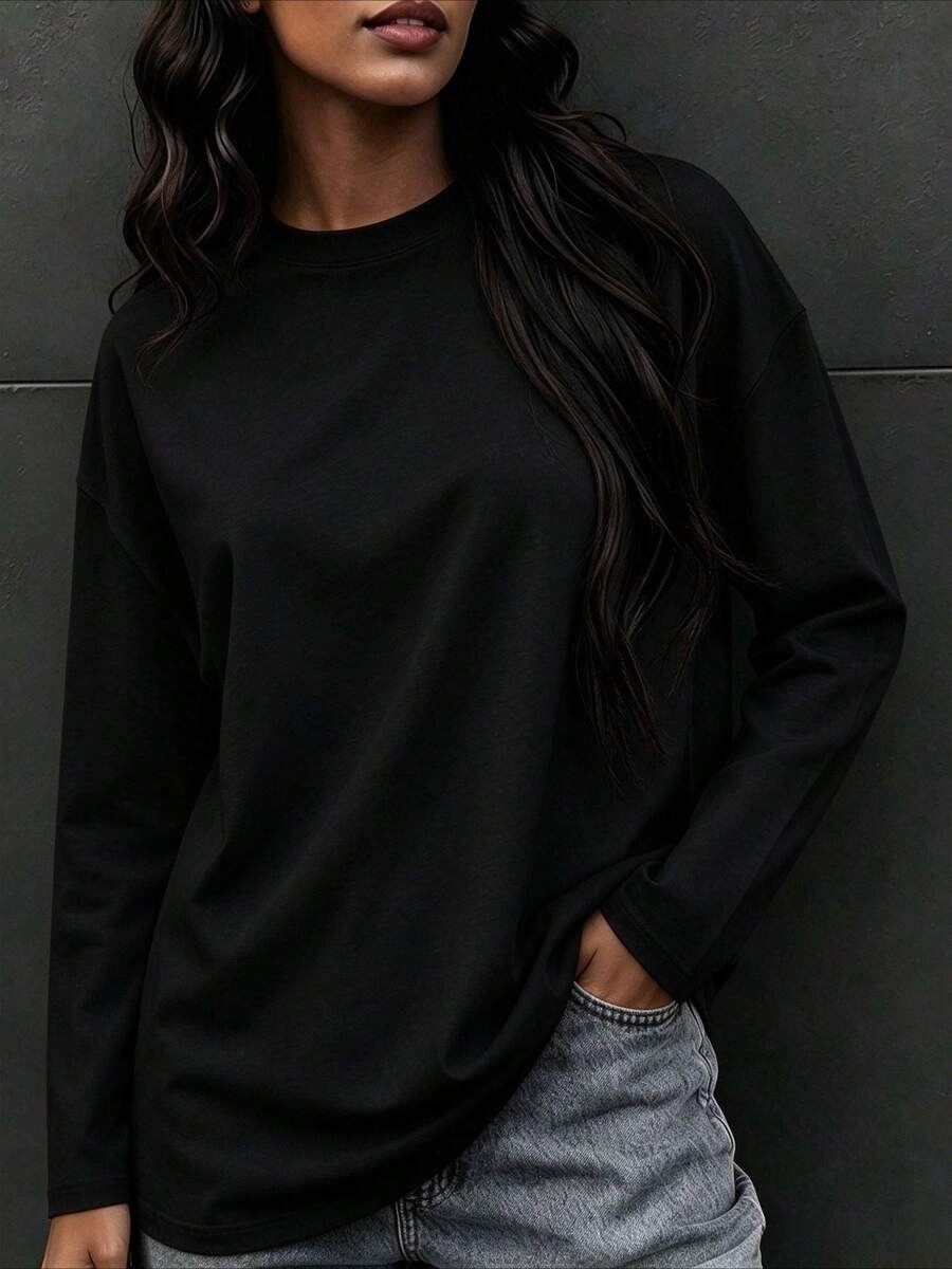 Women's Solid Color Crew Neck Long Sleeve T-Shirt, Casual Autumn Regular Fit Top