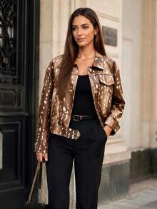 Women's Autumn Leopard Print Top Jacket, Lapel Long Sleeve Casual Outerwear - Mocha Brown - View 3
