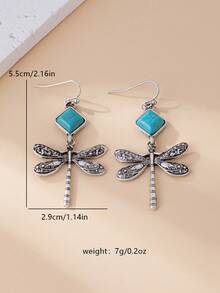 European & American Western Vintage Distressed Silver Dragonfly Earrings With Square Faux Turquoise Pendant, Long Ear Hooks For Women - Multicolor - View 2