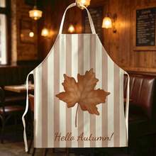1pc Vintage Minimalist Autumn Leaf & Stripe Print Apron - Sleeveless Halter Design, Durable And Comfortable Fit, Featuring Vertical Stripes With Maple Leaf And "Hello Autumn" Lettering Pattern, Suitable For Cooking, Baking And Home Cleaning, Household Cleaning, Housework Apron, Handmade Gardening Apron, Fun Holiday Gift - Multicolor - View 4