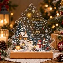 Lepaskan lapisan film sebelum digunakan, Biarkan kebaikan menerangi jalanmu. Dekorasi meja akrilik pohon Natal dengan alas kayu solid, rumah salju, manusia salju, burung robin, lentera, kepingan salju, kutipan berkat bahasa Inggris, hadiah kreatif Natal musim dingin untuk rumah, tidak memerlukan listrik. - A - View 2