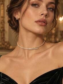 outingfit 1pc New Rhinestone Open Collar Necklace, European And American Fashion High-End Party Choker Necklace For Women - Gold - View 2