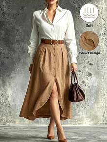 Women's Elegant Asymmetrical Long Skirt With Button Front & Pockets, Casual Woven Fabric Boho Fall Style - Khaki - View 6