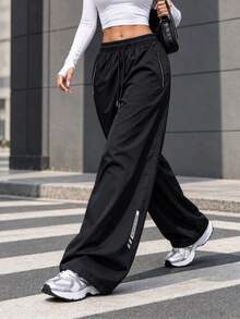 Women's Black Wide Leg Loose Autumn Pants, Lightweight & Breathable, Elastic Drawstring Waist, Zipper Pockets, Open Hem - Black - View 5