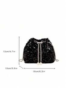 Bucket Bag Black Sequin Fabric Metal Chain Pearl Decor Drawstring Handbag Evening Party Wedding Shoulder Crossbody Bag For Women Night Out - Black - View 6