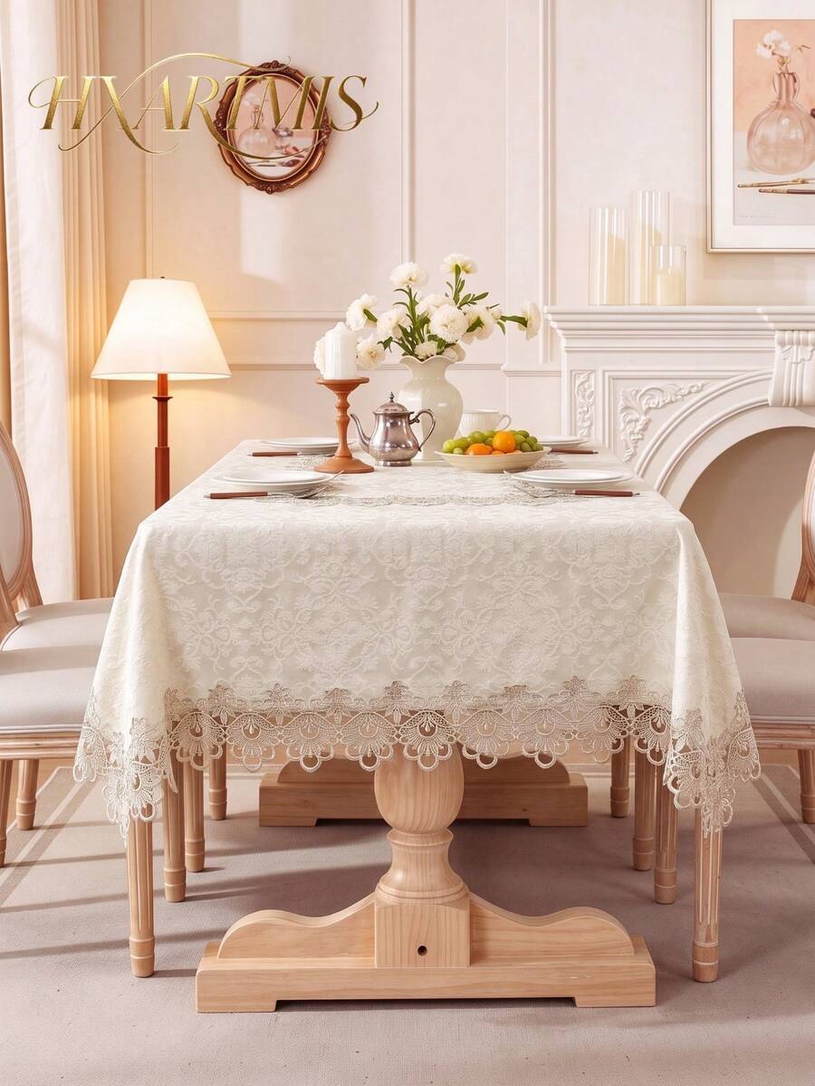 HXARTMIS 1PC Vintage Lace Trim Jacquard Tablecloth, Beige Embossed Floral Rectangular Dining Table Cover, French Country Style Elegant Home Decor Tablecloth, Suitable For Kitchen, Party And Banquet - Beige - View 1