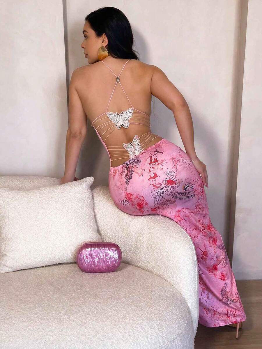 女士时尚蝴蝶性感露背印花连衣裙,度假粉色派对优雅夏季款 - 粉色 - 查看 1