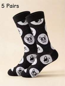 Black Cartoon French Bulldog Print Mid-Calf Socks, Personalized Casual Versatile Comfortable Breathable Couple Socks - Multicolor - View 5