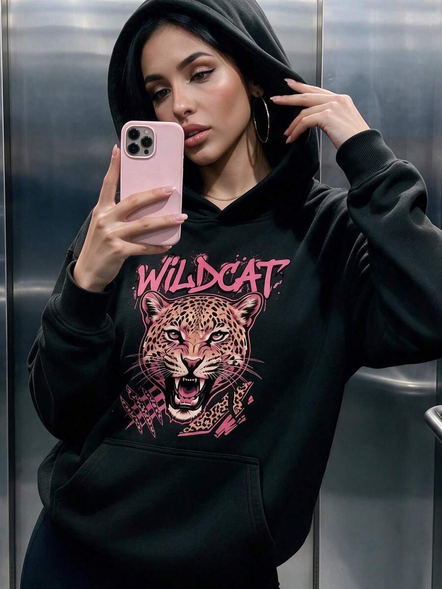 Women's Casual Leopard Print Pocket Loose Long Sleeve Sweatshirt Fall Black - Black - View 1