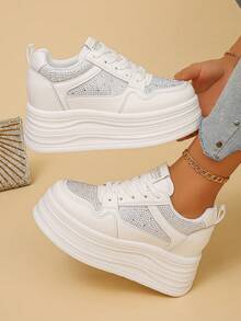 Women's Rhinestone Mesh Thick Sole White Sneakers With Wavy Platform Height-Increasing Lace-Up Breathable Casual Sports Shoes - White - View 2