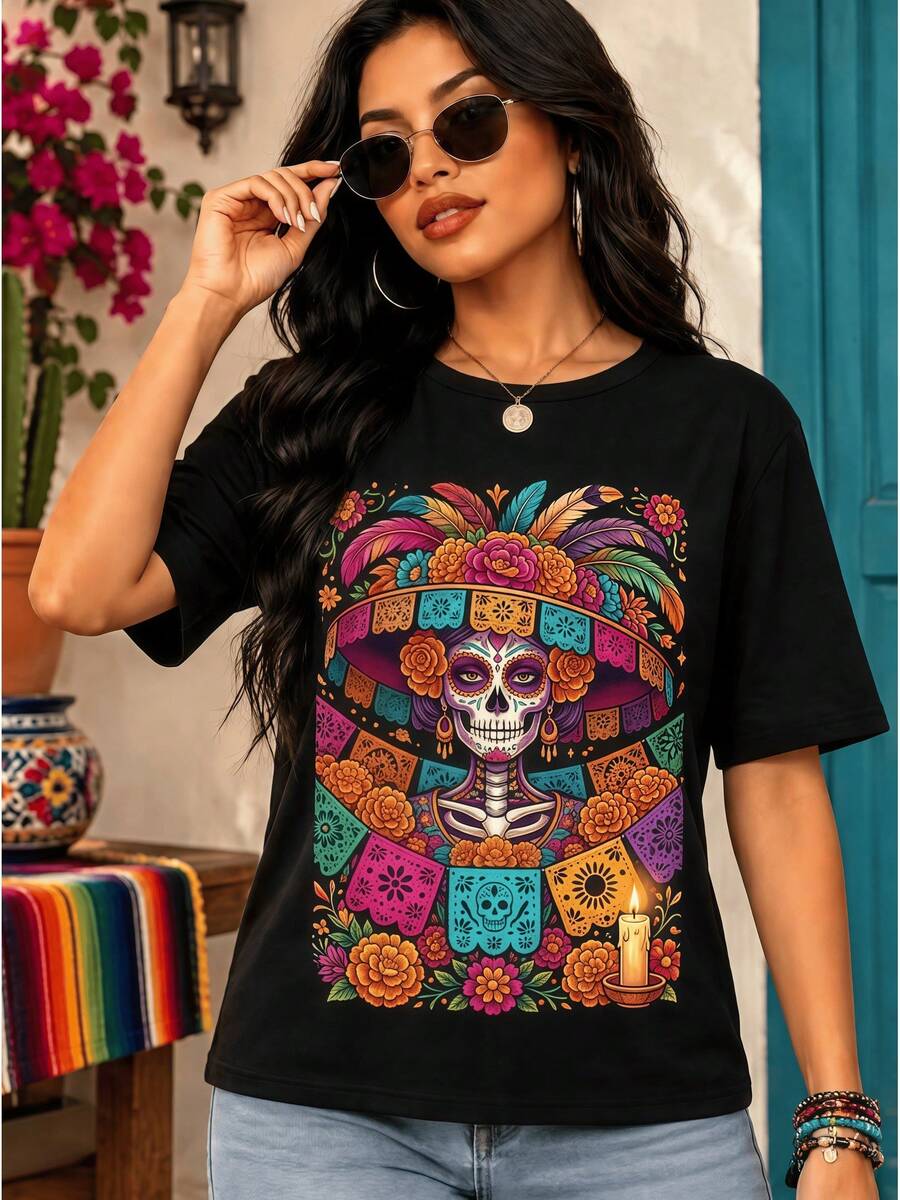 Camiseta de manga corta holgada con cuello redondo para mujer, transpirable y resistente a la deformación. Ideal para fiestas temáticas del Día de los Muertos. Top con un estilo retro de cor - Multicolor - Ver 1