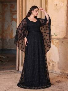 Plus Size Fall Winter Elegant Floral Lace Beaded A-Line Formal Maxi Dress, Sweetheart Square Neck Cape Sleeve Evening Gown For Party Wedding Festival - Black - View 5