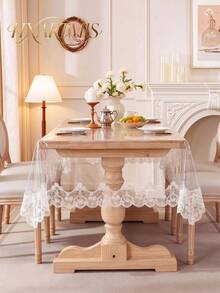 HXARTMIS 1pc Transparent PVC Lace Trimmed Tablecloth, Waterproof, Oil-Proof, Scratch-Resistant, With Embroidered Lace Edge, Easy To Wipe And Clean, Suitable For Dining Table / Kitchen / Party Decoration - White - View 1