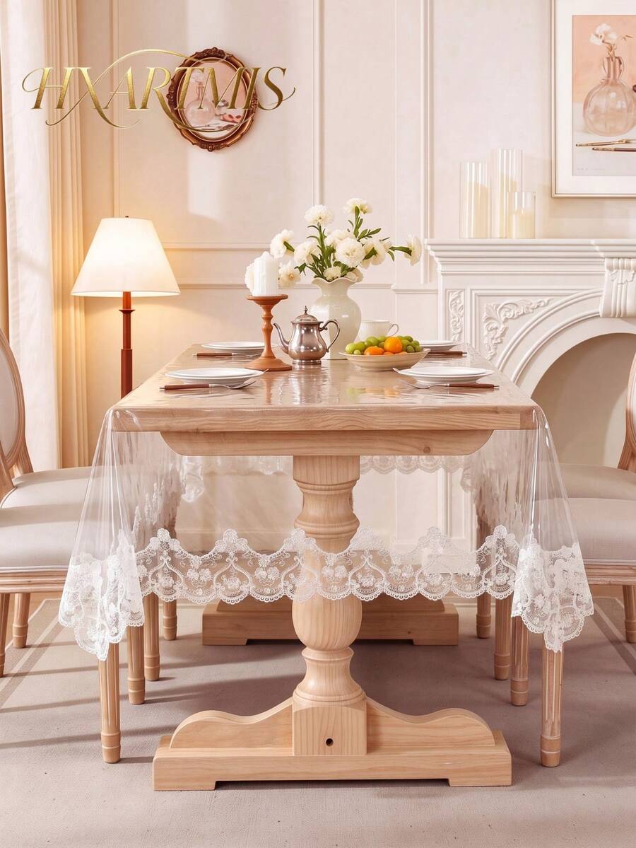 HXARTMIS 1pc Transparent PVC Lace Trimmed Tablecloth, Waterproof, Oil-Proof, Scratch-Resistant, With Embroidered Lace Edge, Easy To Wipe And Clean, Suitable For Dining Table / Kitchen / Party Decoration - White - View 1