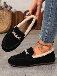Thermal Lined Closed Toe Slippers, Vintage Stitching Pearl Chain Design, Indoor Outdoor Wear, Slip-On Shoes, Autumn Winter - Black - View 2