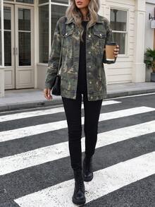 Women's Casual Long Sleeve Jacket With Button Camouflage Print And Pockets - Camouflage Color - View 4