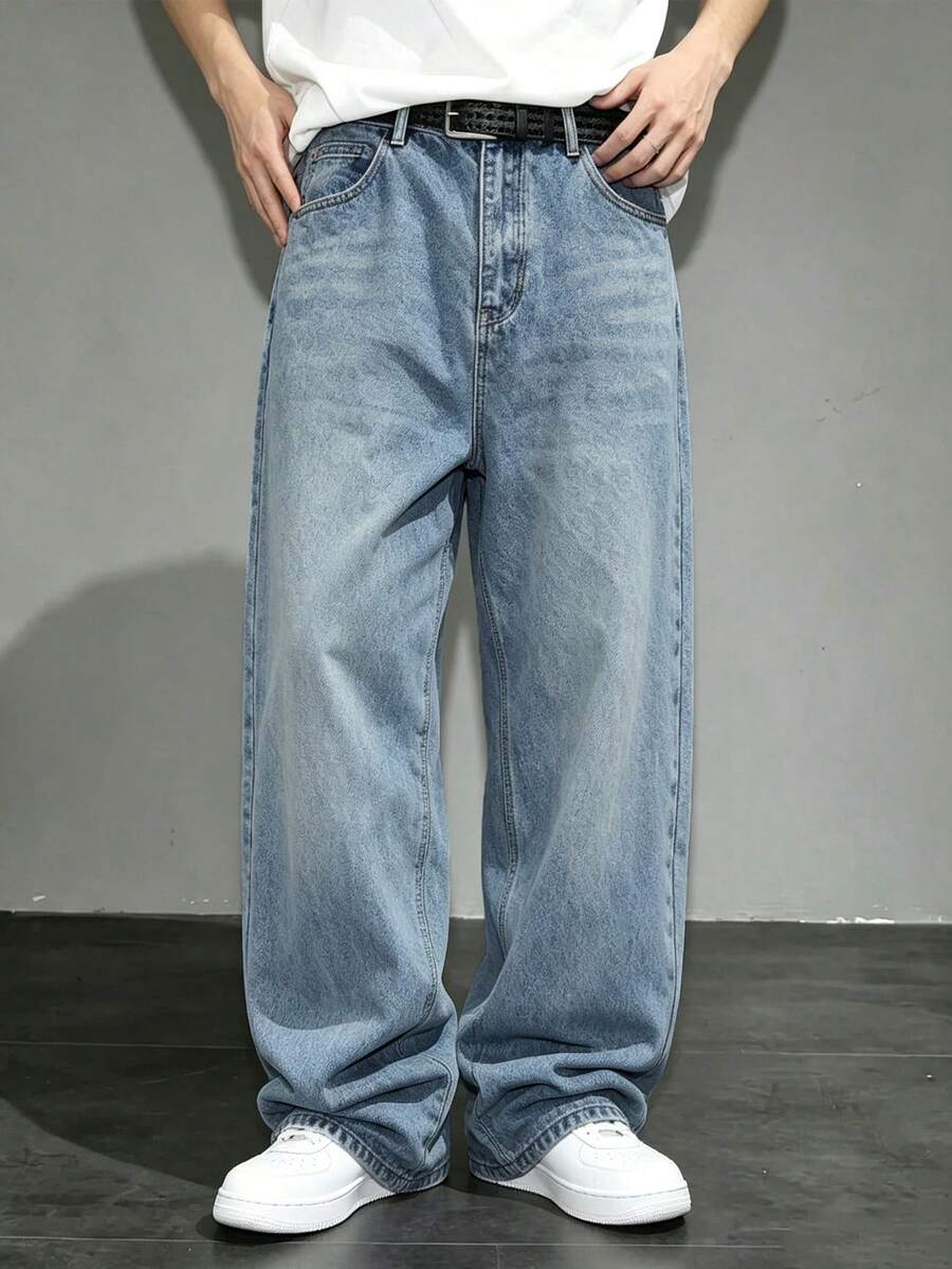 Tween Boy's American Street Style Blue Distressed Wide Leg Loose Drape Floor-Length Jeans - Medium Wash - View 1