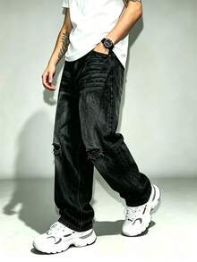 Loose Wide Leg Jeans, Grunge Distressed High Street Style Rock Band Outfit Denim Pants - Black - View 5