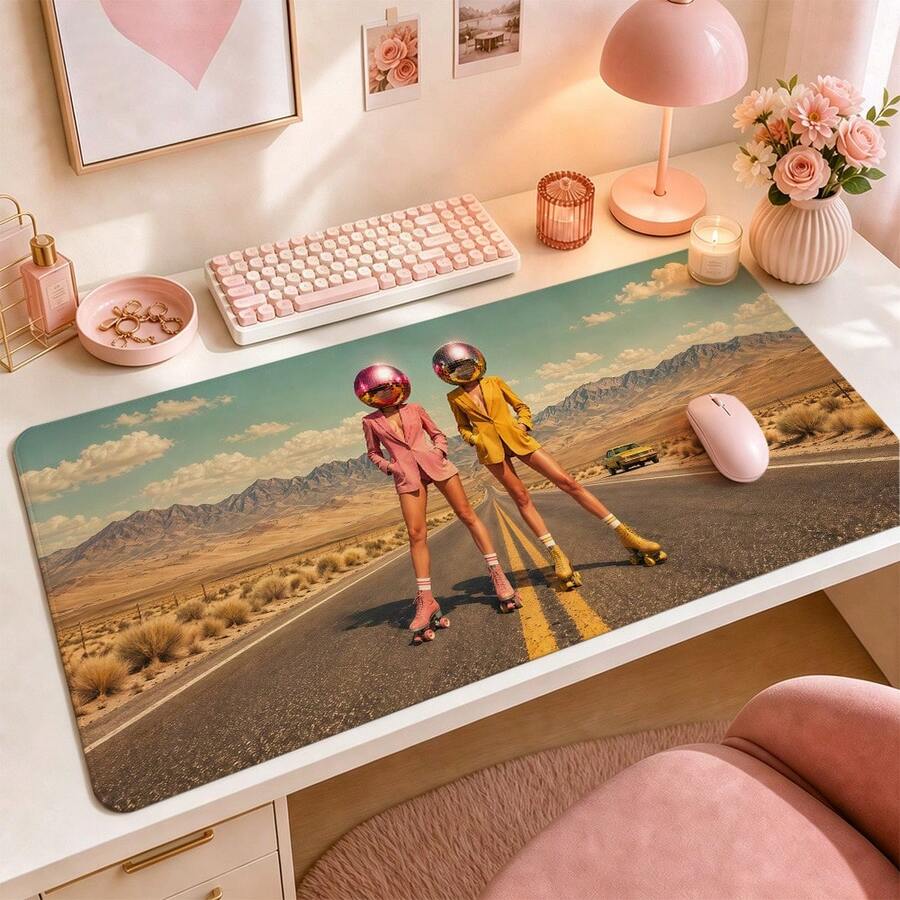 مجموعة وسادة ماوس ممتدة بتصميم كرة الديسكو والمتزلج، طباعة فنية لنساء ريترو على طريق صحراوي سريع، سطح قماشي ناعم للألعاب والكمبيوتر ولوحة المفاتيح وديكور مكتب العمل والسكن الجامعي، متوفرة ب- 3 أحجام - مشاهدة 1