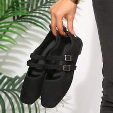 Spring/Autumn New Flat Square Toe Shallow Vamp Suede French Fairy Style Versatile Women's Double Strap Loafers - Black - View 2
