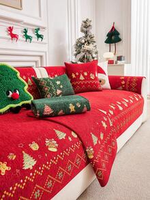 1Pc Christmas Themed Jacquard Sofa Cushion, Non Slip Couch Cover With Gingerbread & Xmas Tree Print, Washable Furniture Protector For Holiday Home Decor - Multicolor - View 2