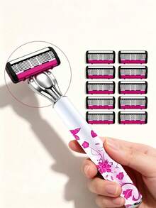 1 Handle + 6/12/18 Replaceable Blades Women's Manual Razor, Floral Pattern Non-Slip Shaving Razor, 6-Blade System, Smooth Hair Removal, Suitable For Legs, Underarms, Bikini Area, Travel Supplies, Manual Body Razor, Women's Shaving Razor, Bikini Trimmer - A - View 5