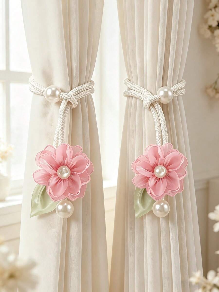 2pcs/Set French Style Fabric Floral Curtain Tieback Buckle Home Decor Pearl Embellished Curtain Buckle Suitable For Living Room Bedroom