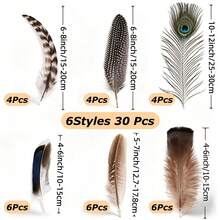 Mixed Color Handmade Feathers 15/30/48pcs, 6 Mixed Color Bird Feathers, Suitable For Hat Making, Jewelry, Wedding, Clothing DIY Decoration - A - View 9