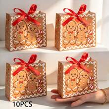 10PCS/Christmas Gingerbread Man Small Gift Bags With Red Ribbon, Xmas Candy Cookie Treat Paper Bags For Holiday Party Favors Gift Wrapping - View 11