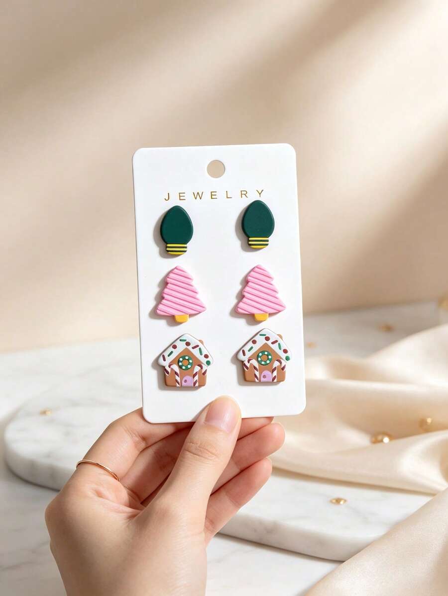 3pcs Christmas Lights Pink Christmas Tree & House Print Minimalist Personalized Cute Elegant Earrings - Multicolor - View 1