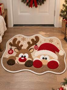 Christmas Reindeer And Santa Claus Decorative Pattern Rug, Asymmetrical Shape, Velvet Material, Bathroom Absorbent Non-Slip Mat, Ultra-Fine Fiber Material, Suitable For Bathroom, Living Room, Bedroom, Entrance Decoration, Holiday Decor, Christmas Decoration Rug 1pc - A - View 9