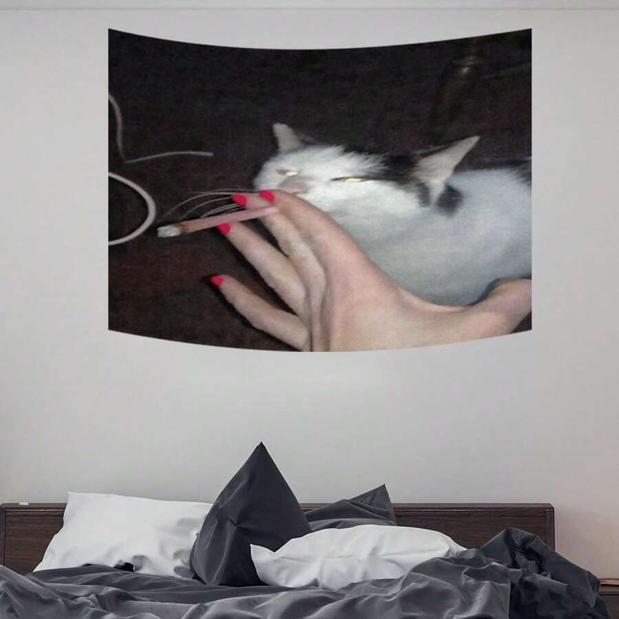 1pc Funny Cat Smoking Internet Meme Wall Hanging - Cat Decor Polyester Fabric Wall Hanging, Easy To Hang, Suitable For Indoor/Outdoor Use, Perfect For Party, Study, Bedroom Decoration - Unique Gift For Men And Women - Multicolor - View 1