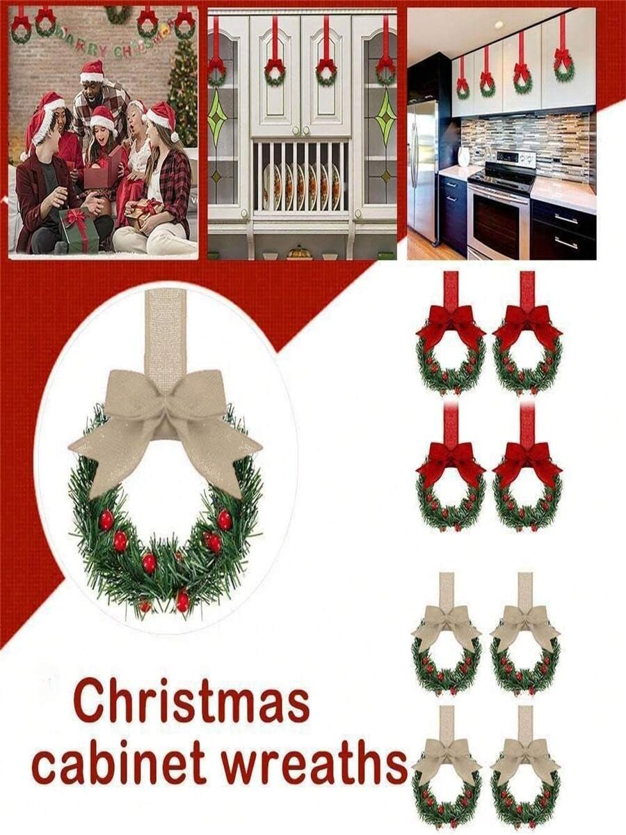 1pc Christmas Wreaths For Kitchen Cabinets, Featuring Ribbons And Small Red Berries, Perfect For Decorating Windows And Doors For Farmhouse-Style Christmas Parties - View 1