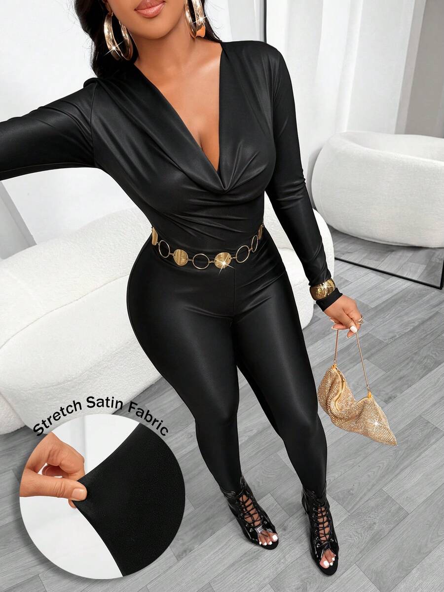 Aliling Women's Autumn Modern Casual Fashion Black Sexy Draped Neck Tight Long Sleeve Jumpsuit, High Elastic Knit Satin Fabric, Suitable For Home, Outing, Club, Party Occasions Autumn Outfit - Black - View 1