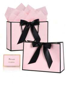 4-Piece Gift Bag Set, Includes 1 Gift Bag, 1 Tissue Paper, 1 Ribbon And 1 Card, Shopping Bag, Packaging Bag With Handles, Bow Decor Handbag, High-End Paper Bag With Handles, Suitable For Girls Wedding Party, Christmas, Thanksgiving, New Year, Wedding, Birthday Gift Packaging Bag, Valentine's Day Bridesmaid Girlfriend Party Gift, Valentine's Day And Other Occasions. - Upgraded Version - View 1