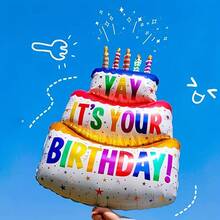 An Extra-Large, Freestanding Balloon Shaped Like A Cake And Made Of Aluminum Foil-Perfect For Decorating Birthday Parties And More. - Multicolor - View 3