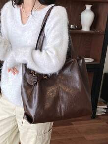 Tas jinjing wanita berbahan PU warna kopi terbaru untuk musim gugur dan musim dingin, simpel dan serbaguna, tas bahu/tas untuk bepergian dengan kapasitas penyimpanan besar. - Coffee Brown - View 2