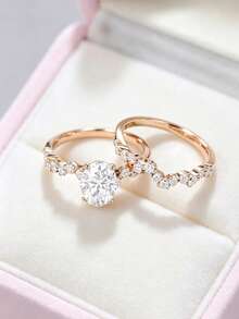 2Pcs Rose Gold Women Oval Stackable Rings Elegant Style Artificial Synthetic Zirconia For Wedding Banquet Party Anniversary No Box. - Gold - View 1