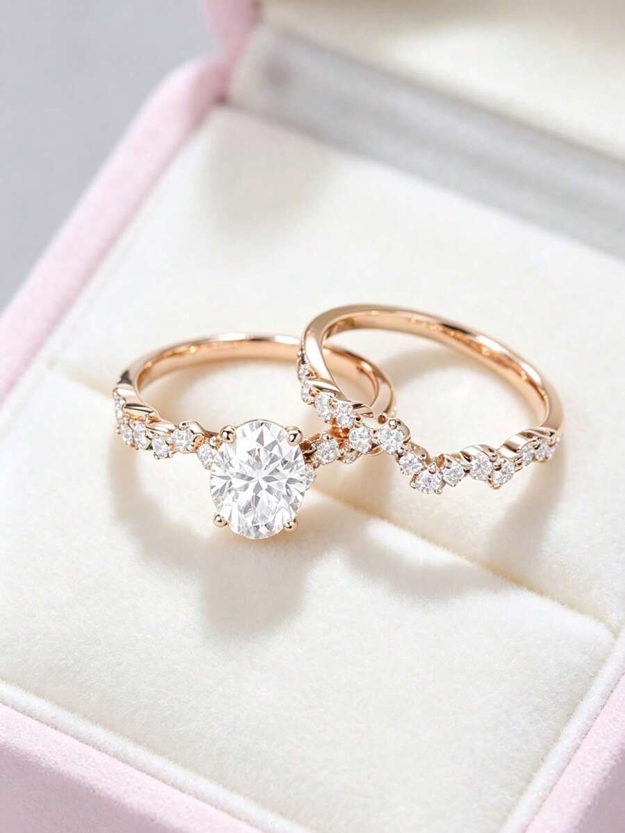 2Pcs Rose Gold Women Oval Stackable Rings Elegant Style Artificial Synthetic Zirconia For Wedding Banquet Party Anniversary No Box. - Gold - View 1