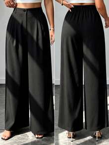 Women's Elegant Black Long Wide Leg Woven Fabric Trousers, Suitable For Formal Occasions And School, Autumn - Black - View 1