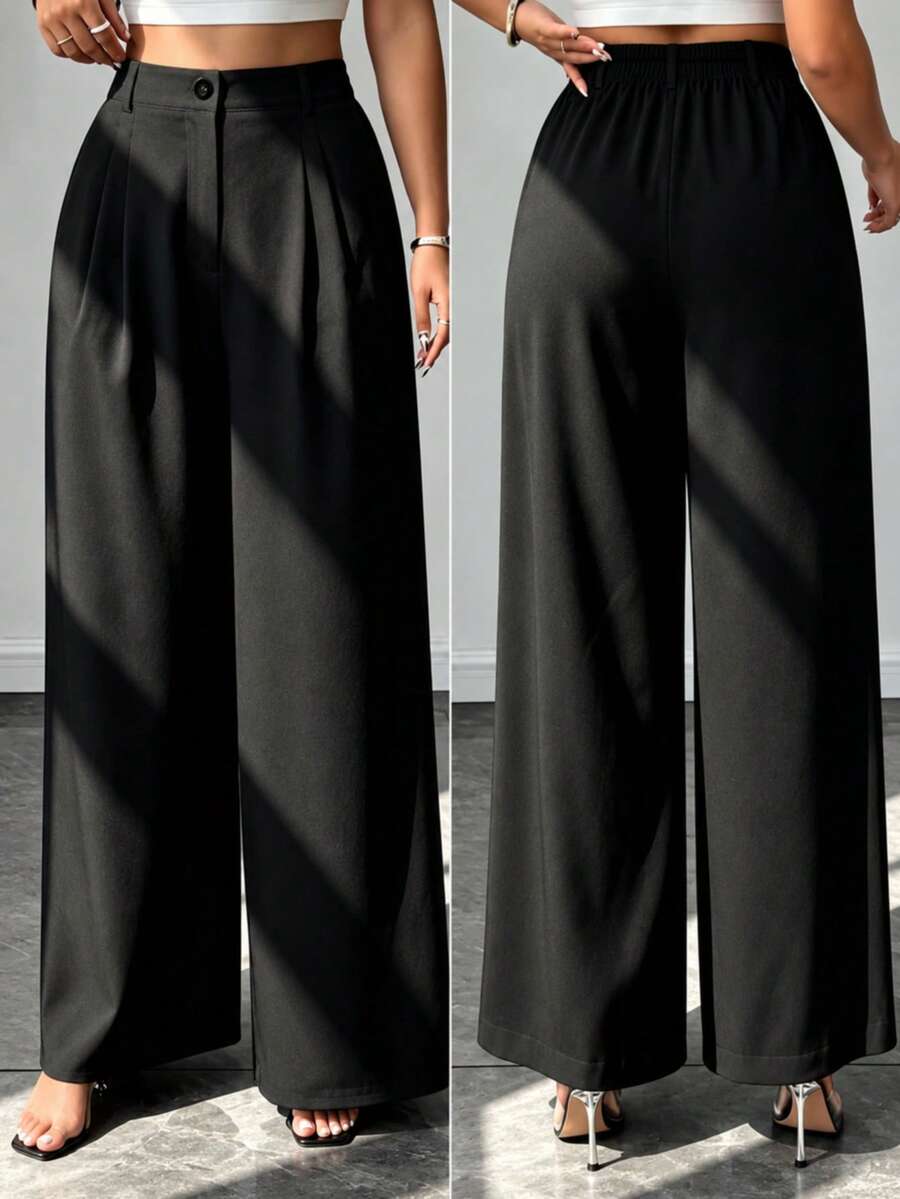 Women's Elegant Black Long Wide Leg Woven Fabric Trousers, Suitable For Formal Occasions And School, Autumn - Black - View 1