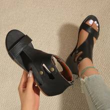 Summer Vintage Open Toe Hollow T-Strap Back Zipper Casual Sandals Solid Color Beach Back Zipper Summer Vintage Open Toe Hollow T-Strap Back Zipper Casual Sandals Beach Summer - Black - View 2