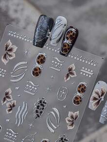 1 Sheet 5D Metallic Nail Stickers, Leopard Print Butterfly Silver Curve Pearl Self-Adhesive Nail Art Sticker Decals, Y2K Cool Style DIY Manicure Nail Art Decorations - Multicolor - View 5