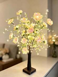 1件 45CM高 60顆LED杜鵑花樹燈,USB與電池雙用暖光,粉色/香檳色雙色人造花,桌面氛圍裝飾,臥室派對節日生日禮物燈 - 黃色 - 查看 3