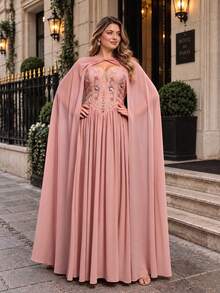 VIPGIRL Plus Size Women's Solid Color Cape And Floral Pattern Pleated Elegant Evening Gown Dress - Pink - View 5